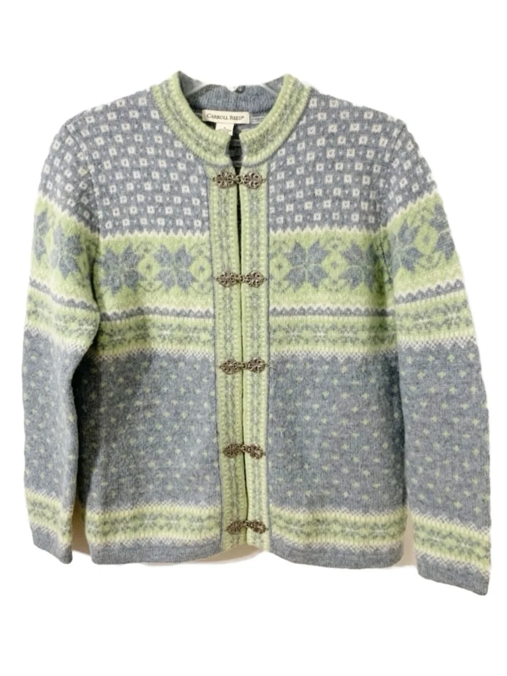 Vintage Carroll Reed Icelandic 100% Wool Cardigan Silver Toned Buckle Hardware